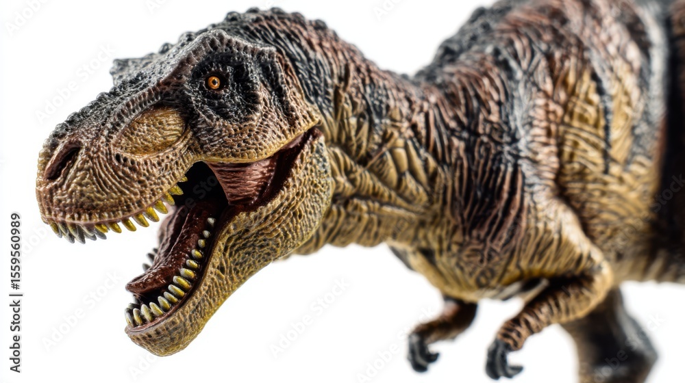 Obraz premium Detailed toy model of a Tyrannosaurus rex with textured scaly skin, dark brown to tan hues, wide-open mouth, sharp yellow teeth, orange eyes, and dynamic aggressive stance.