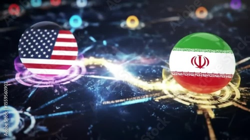 United States and Iran Flags Connecting Over Digital Network in Global Technology Scene