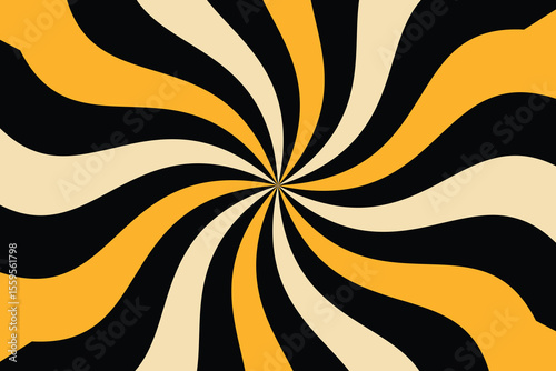 Spiral retro background with orange, black and white colors, swirling radial pattern, abstract vector illustration