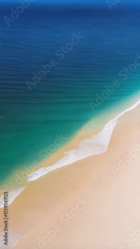 Aerial view of a pristine beach with golden sand meeting turquoise sea with gentle waves lapping the shore