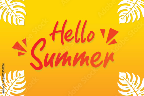 Hello summer illustration. Summer background illustration with tropical leaves all around