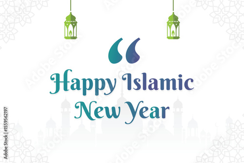 Happy New Hijri Year with silhouette mosque. Happy islamic new year