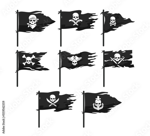 Set of Pirate Flag with Jolly Roger Symbol Icon set collection with skull and bones or crossbones Anchors, Swords, Guns, Bandana for pirate flag, grim reaper cartoon, Black Silhouette ripped flag