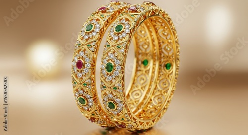 Golden bangles isolated on white background with jewel embellishments