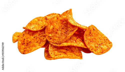 Tikka Masala Flavored Chips Pile with Spicy Taste isolated on white.