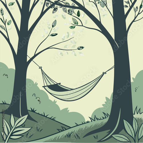 Peaceful Hammock Scene Between Two Trees in a Forest Illustration