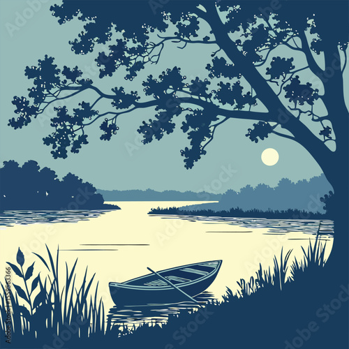 Serene Lakeside Scene with Boat and Tree Silhouette at Dusk or Dawn