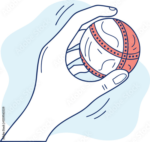A stylized illustration depicts a hand gently holding a textured sphere with circular patterns and segmented lines in a minimalist design with soft blue background elements