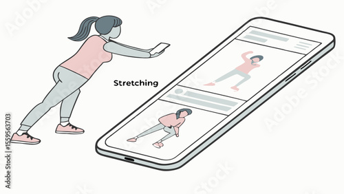 Woman performing a stretching exercise while looking at a smartphone displaying fitness videos and online workout routines for a healthy lifestyle
