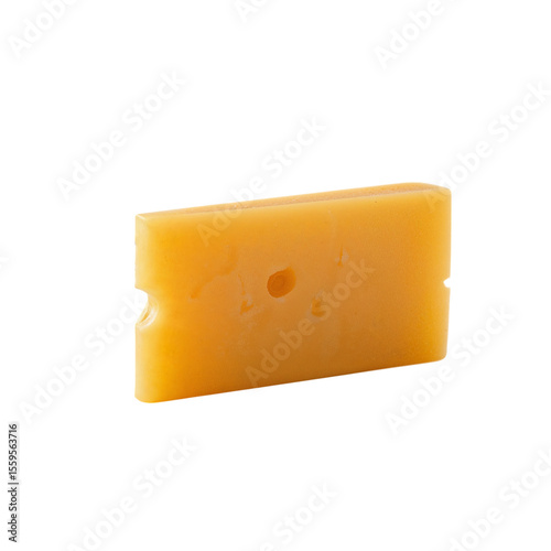 A block of cheddar cheese, featuring a smooth texture and characteristic holes, isolated against a transparent background.