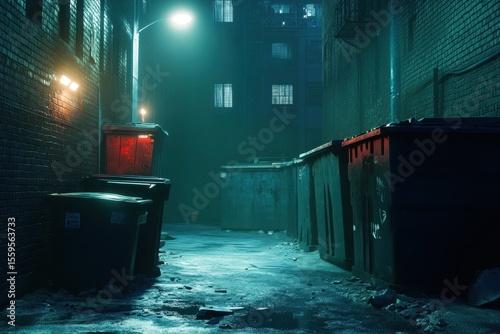 CCTV view of a city alley at night with dumpsters illuminated by streetlights, CCTV City Alley With Dumpsters At Night