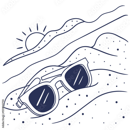 Sunglasses on a Beach with Sun and Dunes in a Minimalist Style
