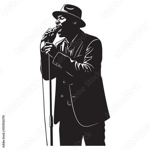 A silhouetted illustration of a jazz singer performing with a microphone on white background