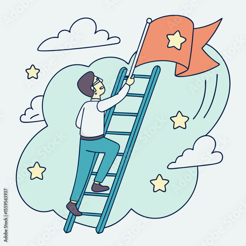 A determined person climbs a ladder towards a flag with a star symbolizing ambition success and reaching goals amidst clouds and stars