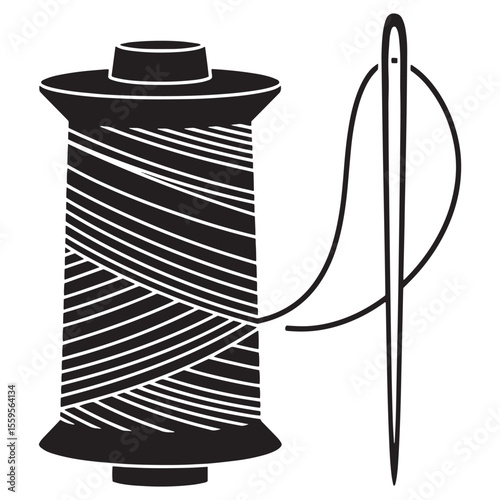 Black and white illustration of a spool of thread and a needle for sewing projects