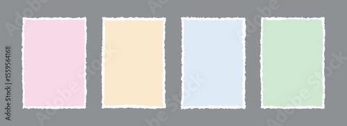 Torn paper frame backgrounds. Colored blank sheet wallpapers with jagged edges. Ripped grunge element bundle for poster, text box, banner, collage, sticker. Vector rectangle craft backdrops