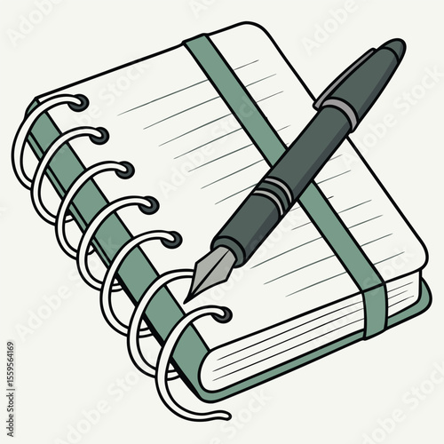 Illustration of a Spiral Notebook with Lined Paper and a Fountain Pen