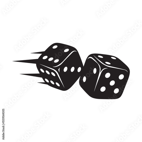 Black and white illustration of two rolling dice representing chance and gambling