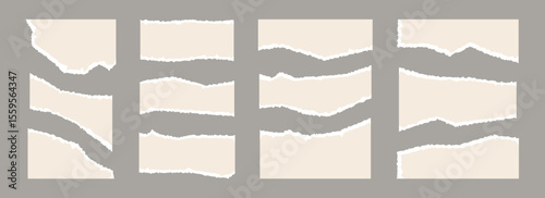 Light beige torn paper pieces set. Ripped paper sheet strips collection. Elements and shapes with uneven jagged edges for sticker, collage, text box, banner, poster. Vector cardboard texture fragments