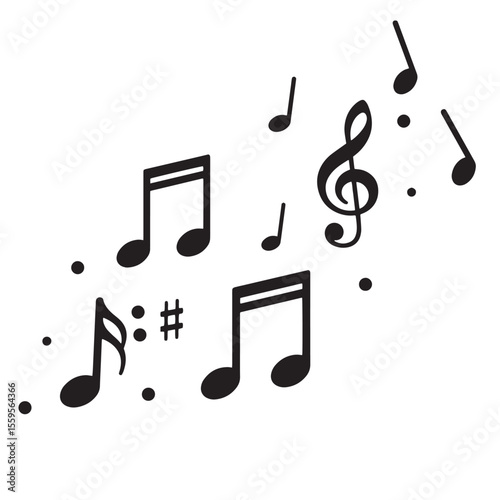 Black and white musical notes and symbols scattered on a white background illustration