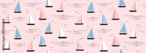 Cute boat seamless pattern. Summer marine repeated background. Pink nautical print for textile, fabric. Small cartoon yacht and birds in still water ocean. Baby nursery pattern. Vector illustration