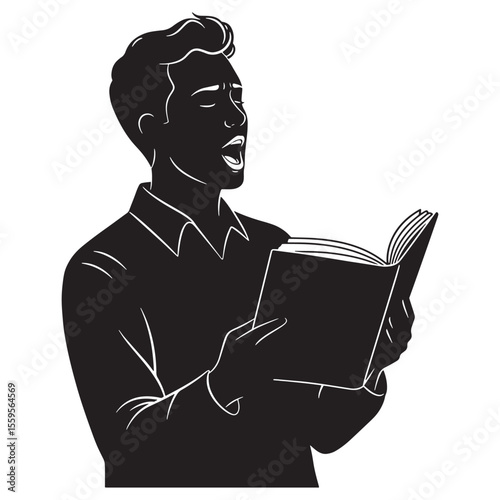 Black and white silhouette of a man singing from a book or musical score