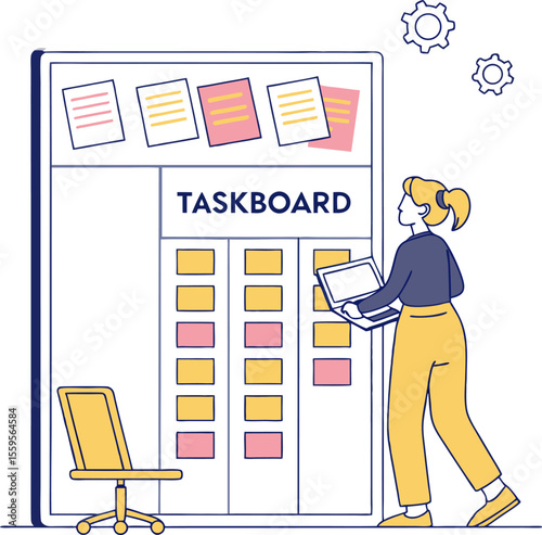A woman with a laptop interacts with a task board organizing tasks with sticky notes and gears symbolizing project management and workflow