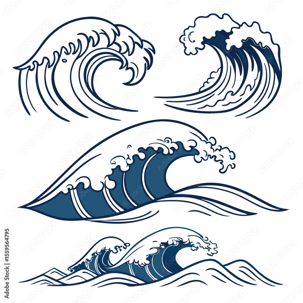 Obraz premium Stylized Ocean Waves in Various Forms and Sizes on a White Background