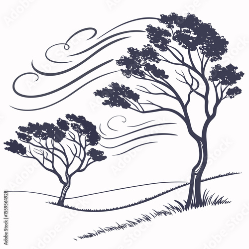 Stylized Illustration of Trees in the Wind with Grass and Undulating Ground