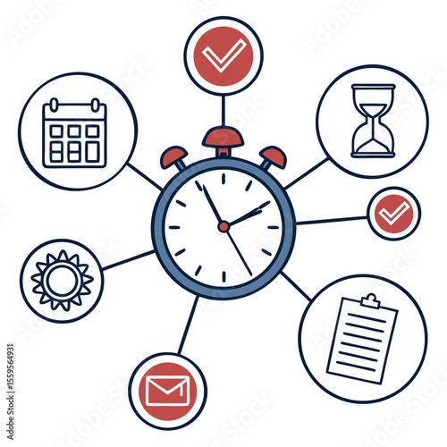 Conceptual illustration of time management and productivity featuring an alarm clock connected to icons representing tasks calendar sun email hourglass and checkmarks