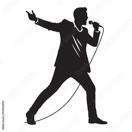 Black silhouette of a performing singer holding a microphone on a white background