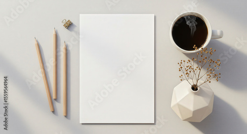 Workspace with Coffee Cup Blank Paper and Pencils on White Wooden Table with Decorative Vase
