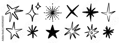 Crayon hand drawn stars and sparkles set. Childish doodled sparks collection. Grunge rough brush stroke shine element pack for collage, poster, sticker, label. Black pencil sketched symbols. Vector