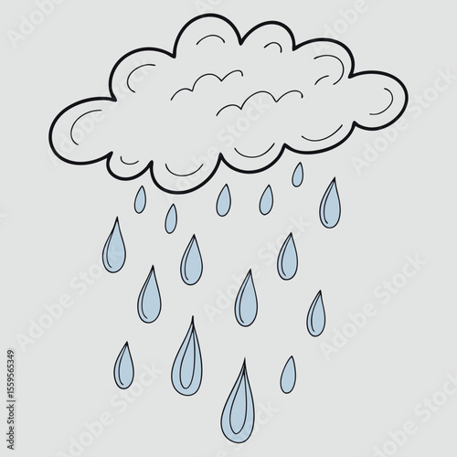 Cartoon Cloud with Raindrops Falling on a Light Gray Background Illustration