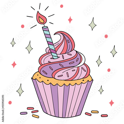 Colorful Birthday Cupcake with Candle and Sprinkles on a White Background