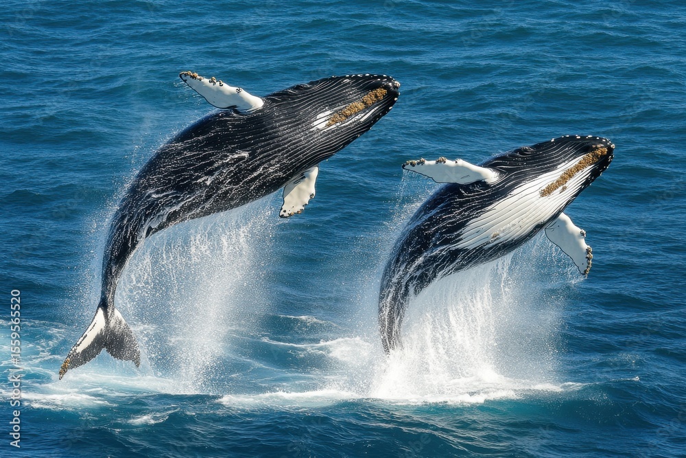 Fototapeta premium Whales leap majestically from the ocean during a breathtaking display of nature, Two whales jump out of water at same time Majestic aerial view