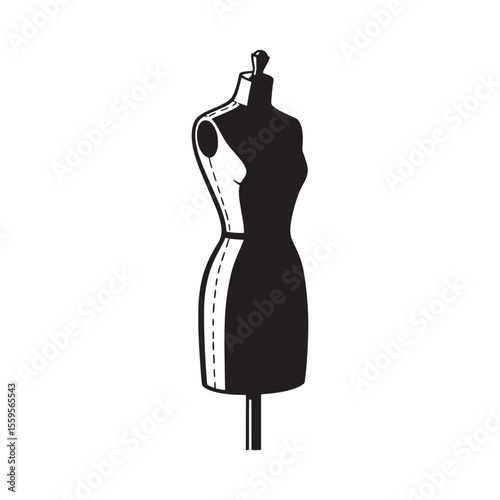 Elegant black and white illustration of a fashion dressmaker's mannequin isolated on white