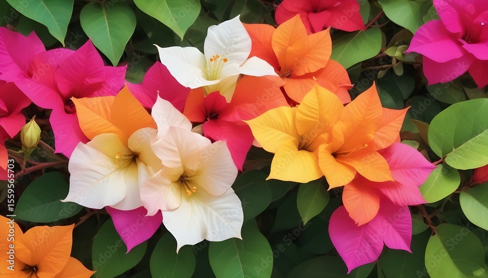 Fototapeta premium Close-up of a stunning display of vibrant bougainvillea flowers in full bloom.