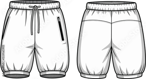 Mens Jogger Shorts With Drawstring Waistband And Zipper Pocket Back Yoke CAD Drawing Flat Vector Illustration For Fashion Design