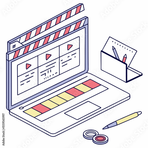 Isometric illustration of a laptop displaying a video editing interface with a clapperboard notepad pens and coins representing filmmaking and content creation