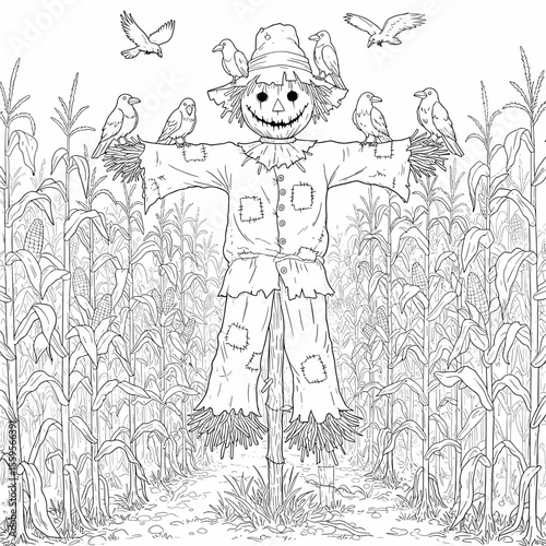 A cheerful scarecrow with stitched features and patched clothes stands in a cornfield, surrounded by birds perched playfully on its arms and head.