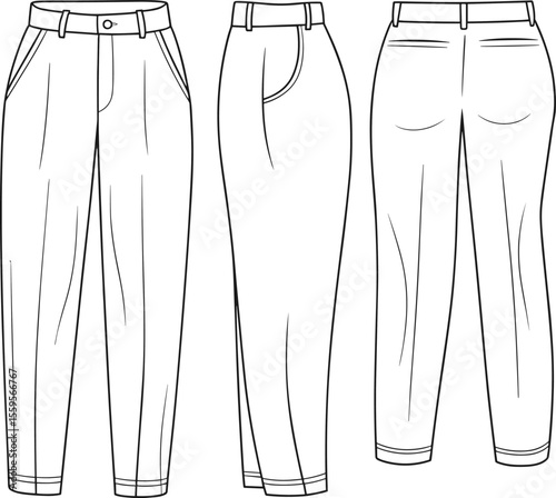  Women's high-waisted tailored trousers, detailed fashion flat technical drawing showcasing front, side, and back views, featuring pleats, pockets,
