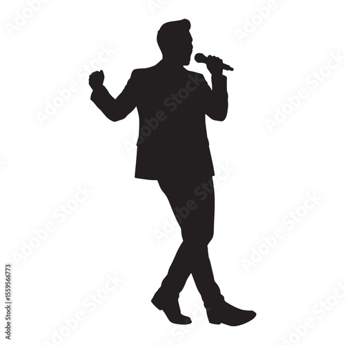 Silhouette illustration of a male singer performing with a microphone on a white background