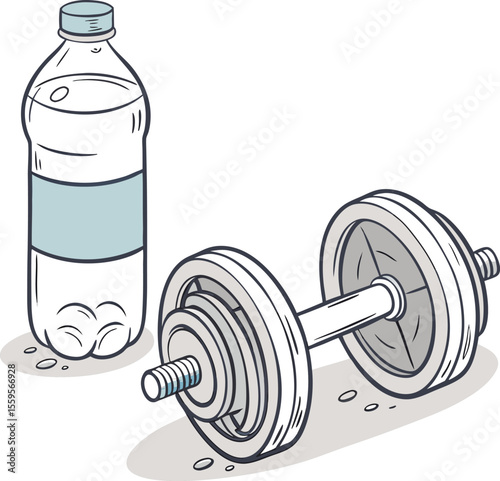 A simple cartoon illustration of a water bottle and a dumbbell lying on the floor representing fitness and hydration