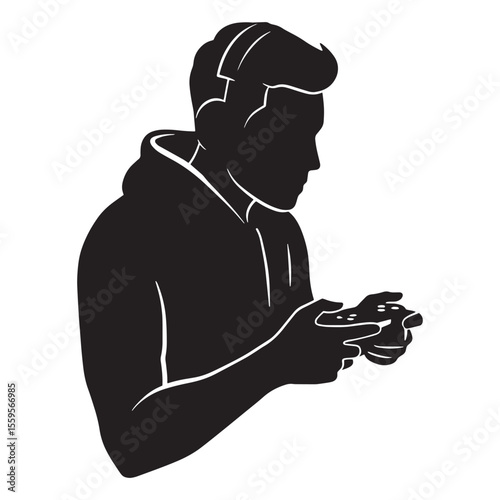 Silhouette illustration of a young man playing video games with a gaming controller