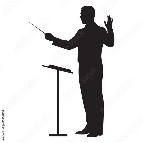Silhouette of a conductor with a baton directing an orchestra isolated on white