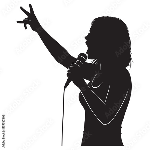 Silhouette of a female singer holding a microphone and performing on a stage
