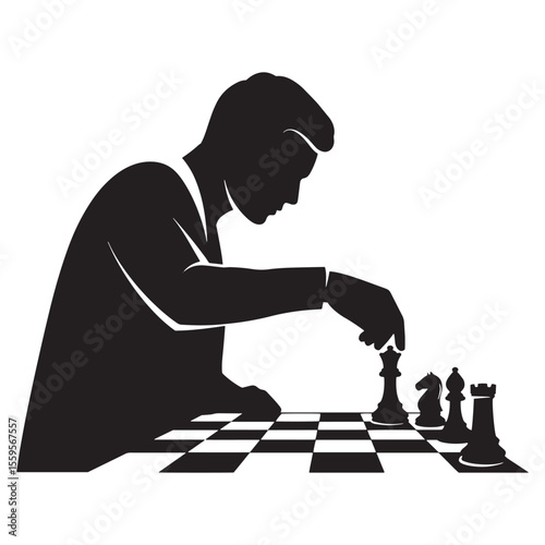 Silhouette of a man playing chess concentrating on strategy and board placement