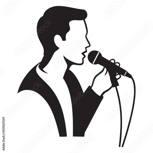Silhouette of a man singing into a microphone performing on stage for an audience