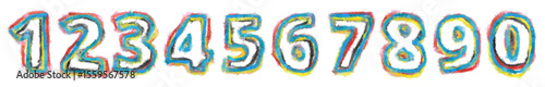 Creative hand-drawn numbers from 0 to 9 with bold grunge texture and multicolor outlines. Isolated on white. Perfect for posters, education, kids design, or urban themes.

